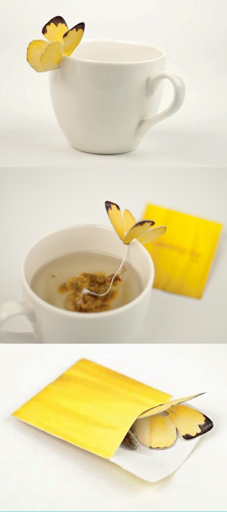 saco de chá em forma de borboleta